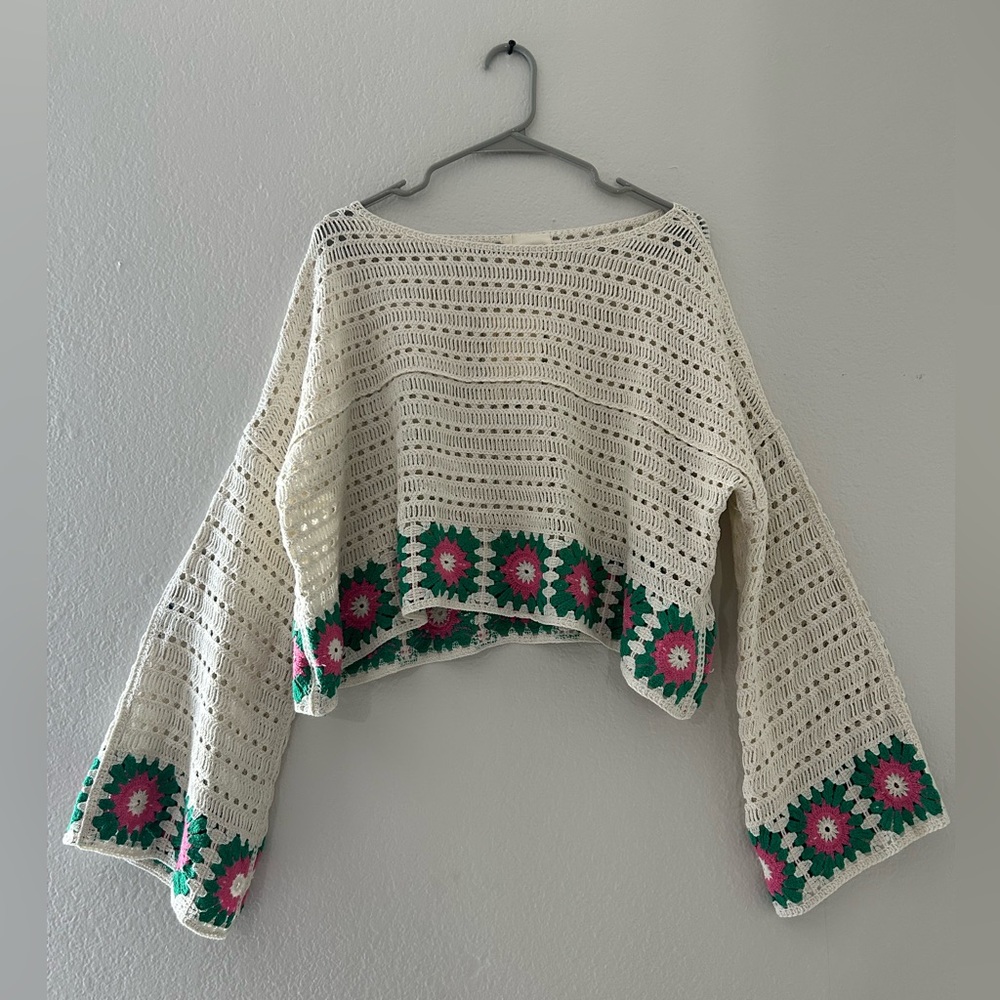 Crochet Knit Sweater - Cream with Pink and Green Accents